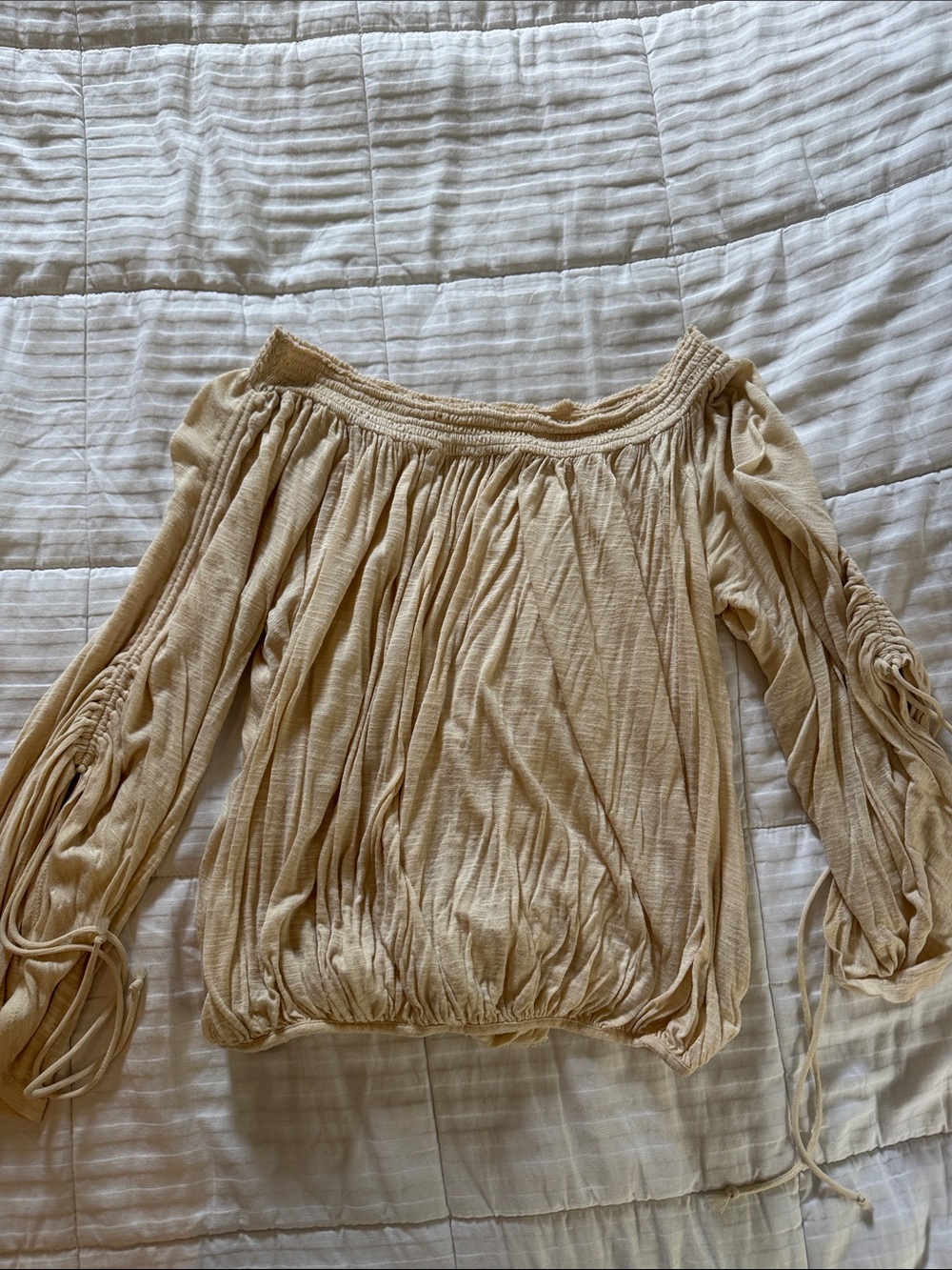 Free People Light Beige Off-Shoulder Ruched Sleeve Tunic
